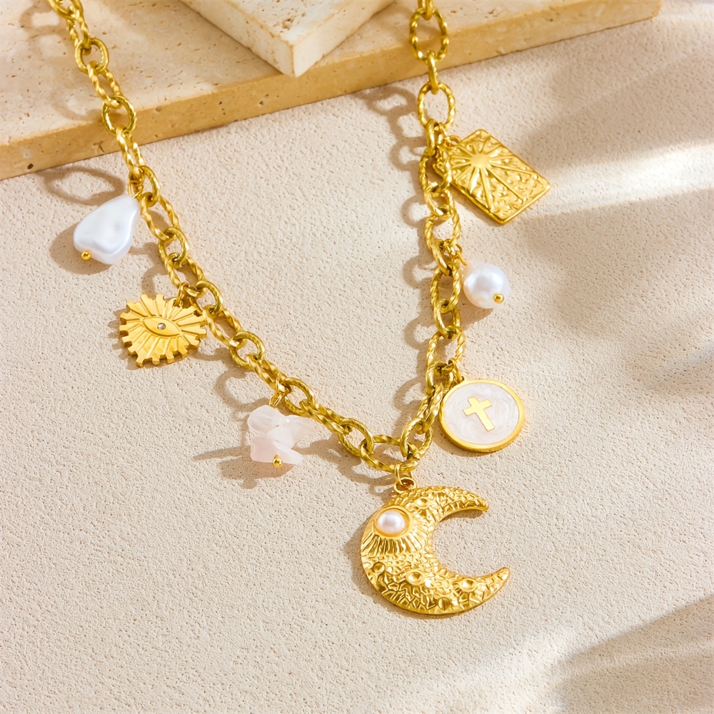 Women's Golden Crescent Imitation Pearl Pendant Necklace